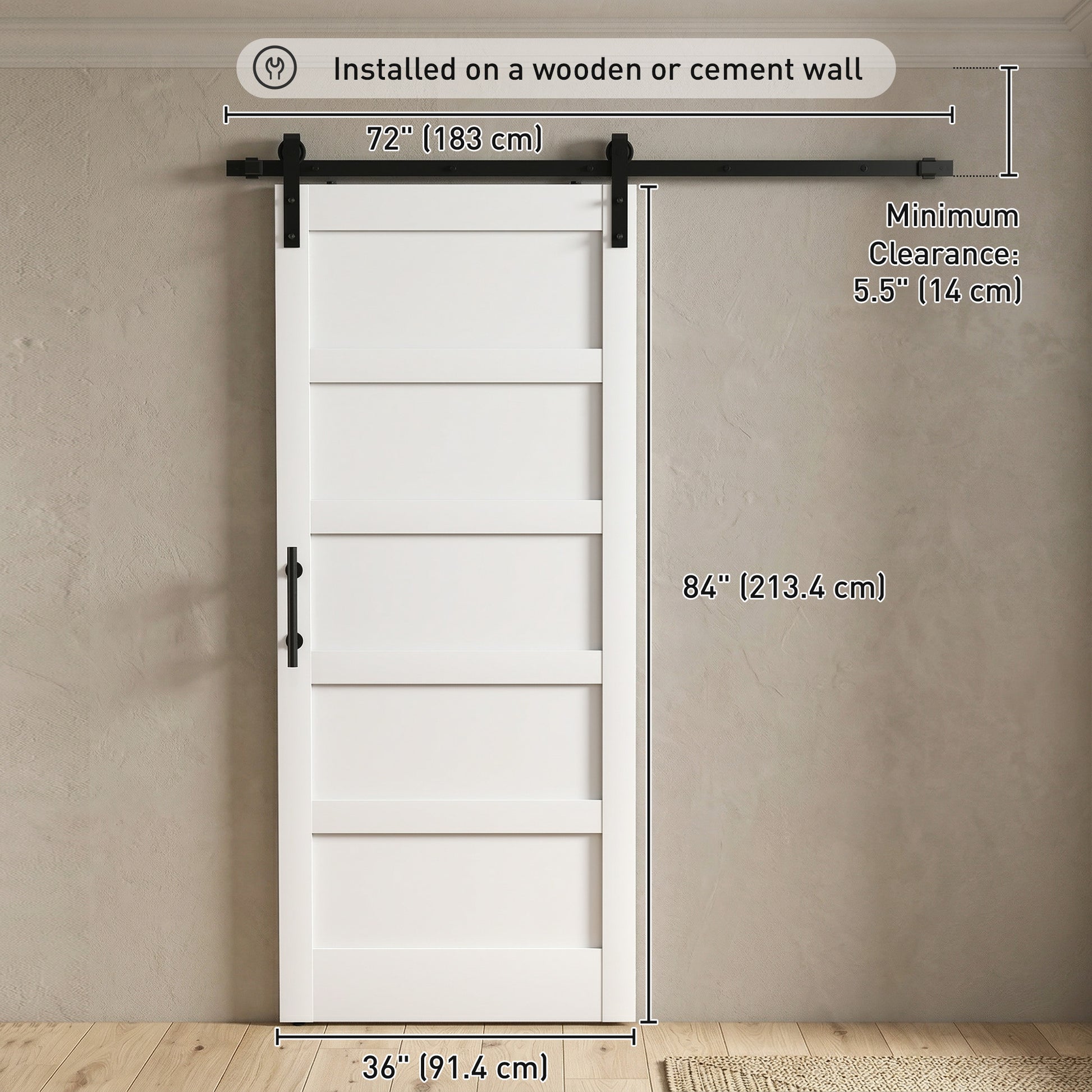 36"x84" Sliding Barn Door with Hardware Kit, Shaker Style Sliding Door with Handle, Track, Floor Guide, White Wood Grain