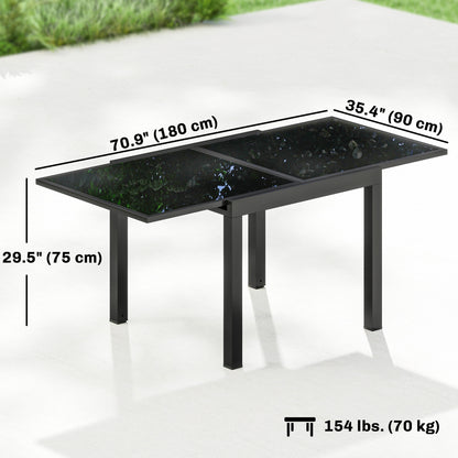 Aluminum Expandable Outdoor Dining Table with Tempered Glass Tabletop and Aluminum Frame, for Garden, Backyard, Black