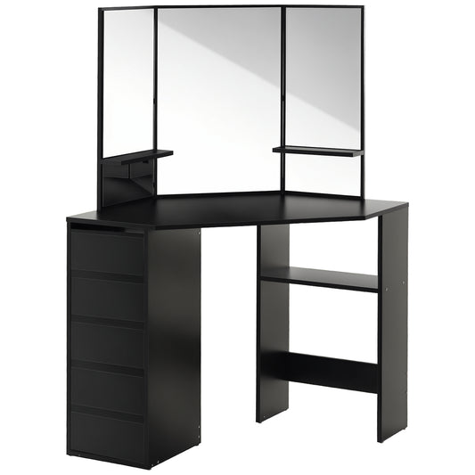 Corner Vanity Desk with Mirror, Makeup Vanity Table with 5 Drawers and Open Shelves, Dressing Table with 3-piece Mirror 