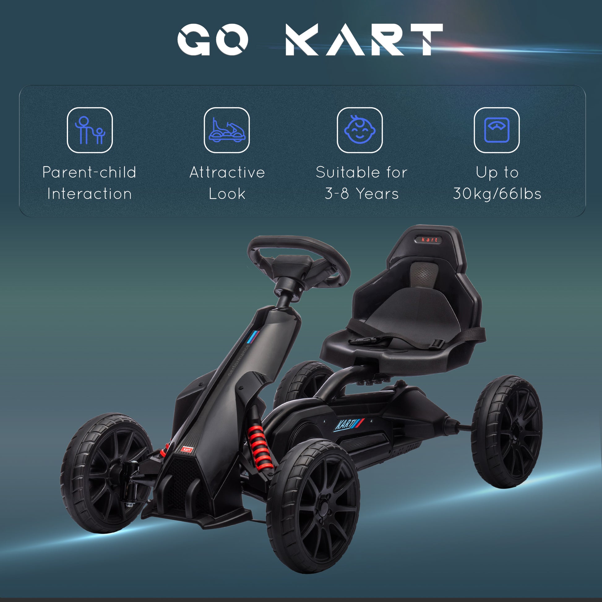 VarietyKart Pedal Go Kart with Adjustable Seat, Forward, Backward, Handbrake, Shock Absorption for 3-8 Years, Black