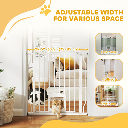 29.5-33.5" Adjustable Dog Gate with Cat Door, Easy Install Pressure/Hardware Mounted Pet Gate for Doorways, White