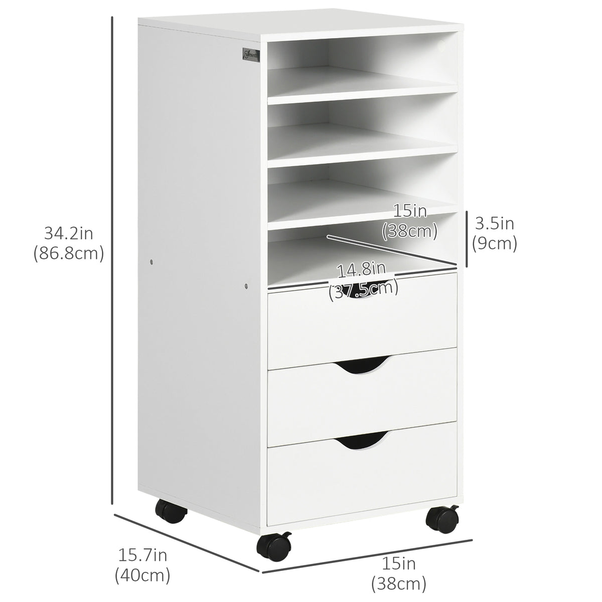 Vertical Filing Cabinet, Mobile File Cabinet on Wheels with 3 Drawers and 4 Open Shelves, Printer Stand with Lockable Ca