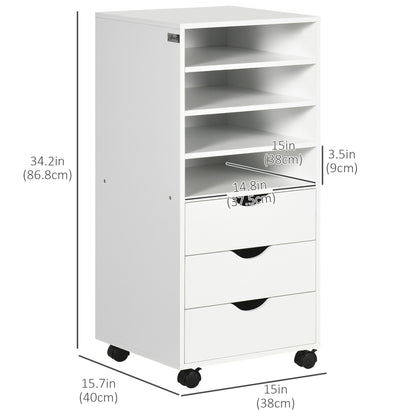 Vertical Filing Cabinet, Mobile File Cabinet on Wheels with 3 Drawers and 4 Open Shelves, Printer Stand with Lockable Ca