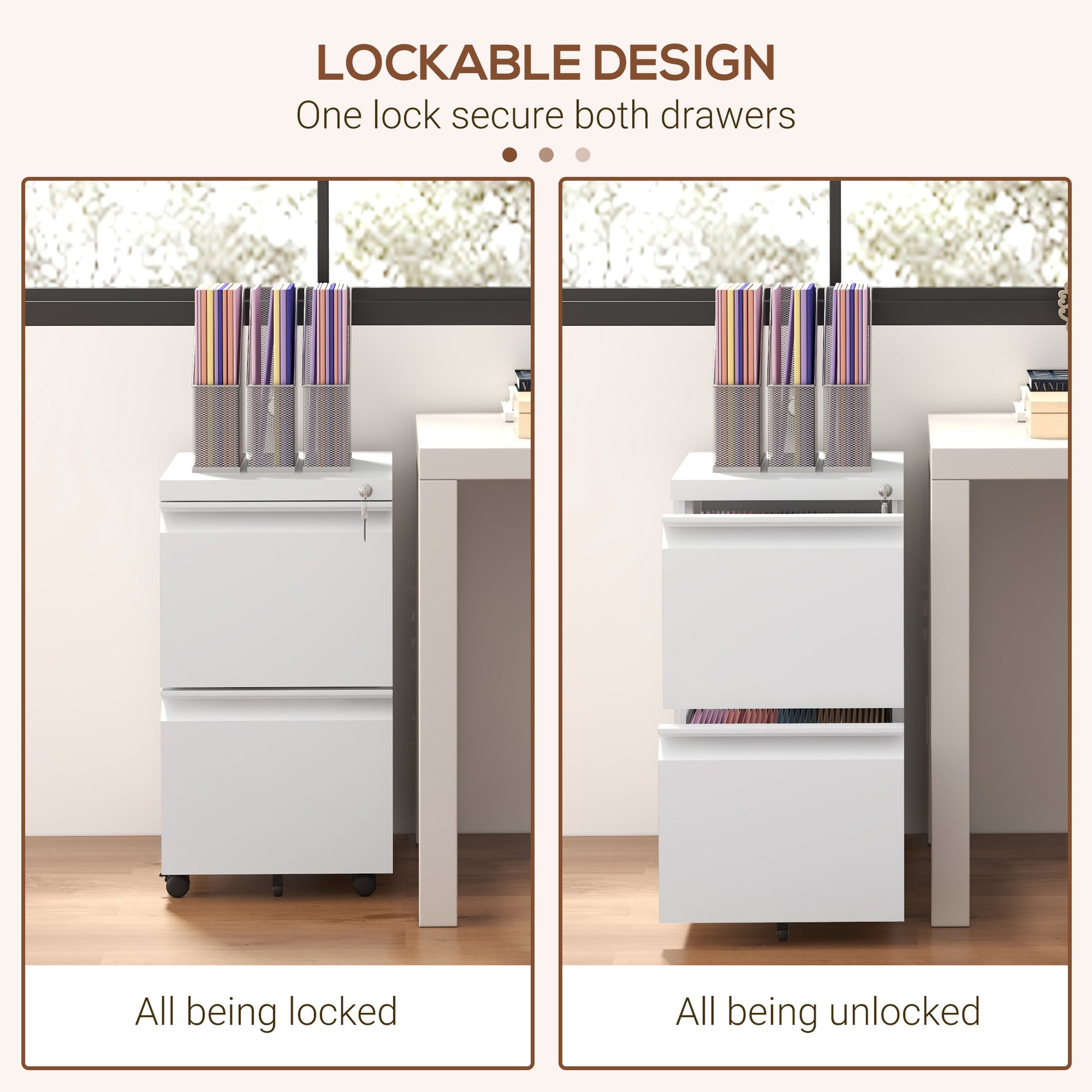 Mobile Vertical Filing Cabinet with Lock, 2-Drawer Steel File Cabinet with Adjustable Hanging Bar for Letter, A4 and Leg