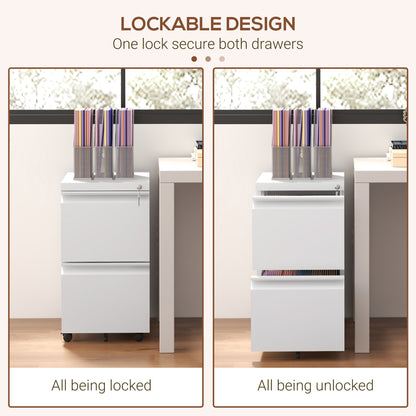 Mobile Vertical Filing Cabinet with Lock, 2-Drawer Steel File Cabinet with Adjustable Hanging Bar for Letter, A4 and Leg