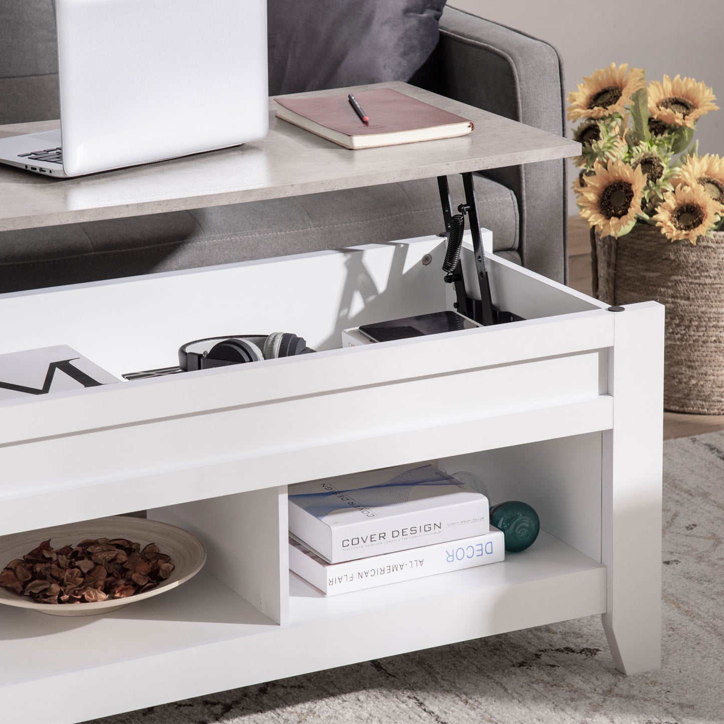 Lift Top Coffee Table with Hidden Storage Compartment and Open Shelves, Lift Tabletop Pop-Up Center Table for Living Roo