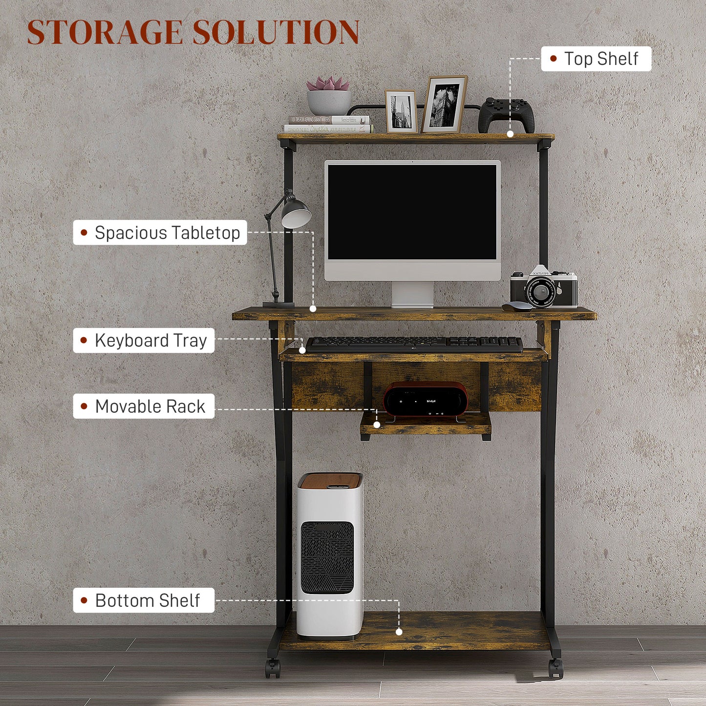 32" Mobile Computer Table, Rolling Study Desk for Home Office with Keyboard Tray, Storage Shelves, Wheels, Rustic Brown