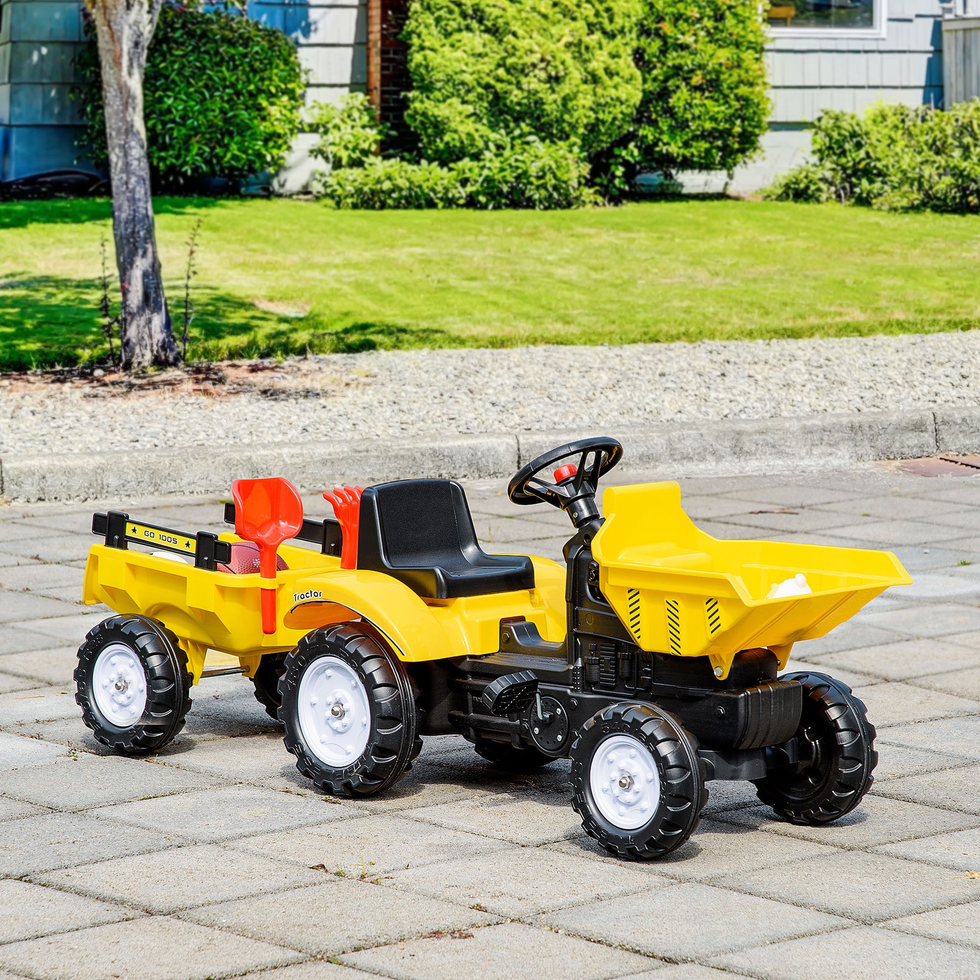 VarietyKart Ride on Toy Dump Truck for Kids, Pedal Construction Car with Detachable Trailer for 3 Years Old, Yellow