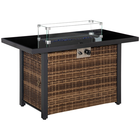 Outdoor Propane Gas Fire Pit Table, 50,000 BTU Electric Ignition Gas Firepit with Glass Cover, Black Glass Tabletop and 