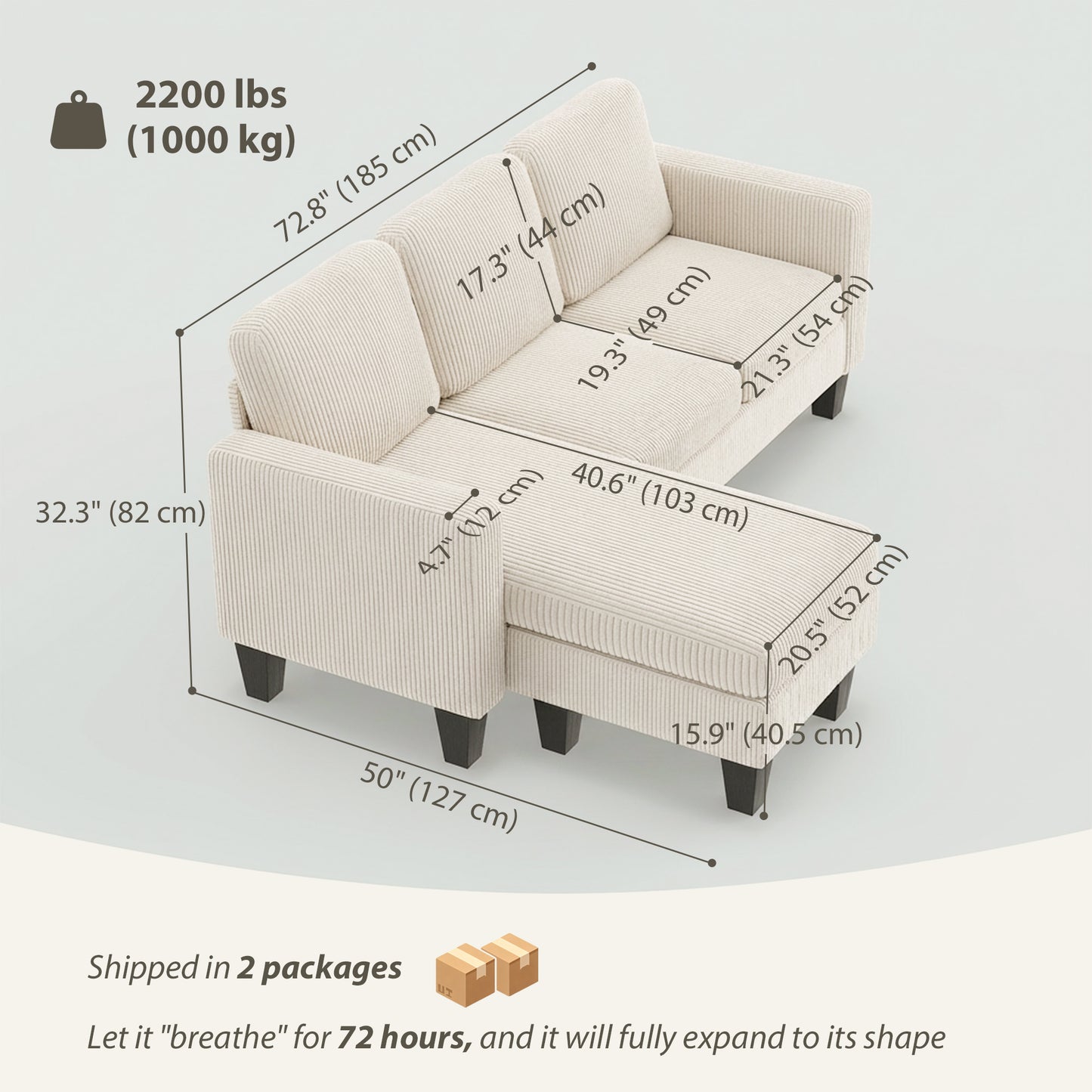 Sectional Sofa, L Shaped Couch, with Changeable Chaise or Ottoman, Cream White