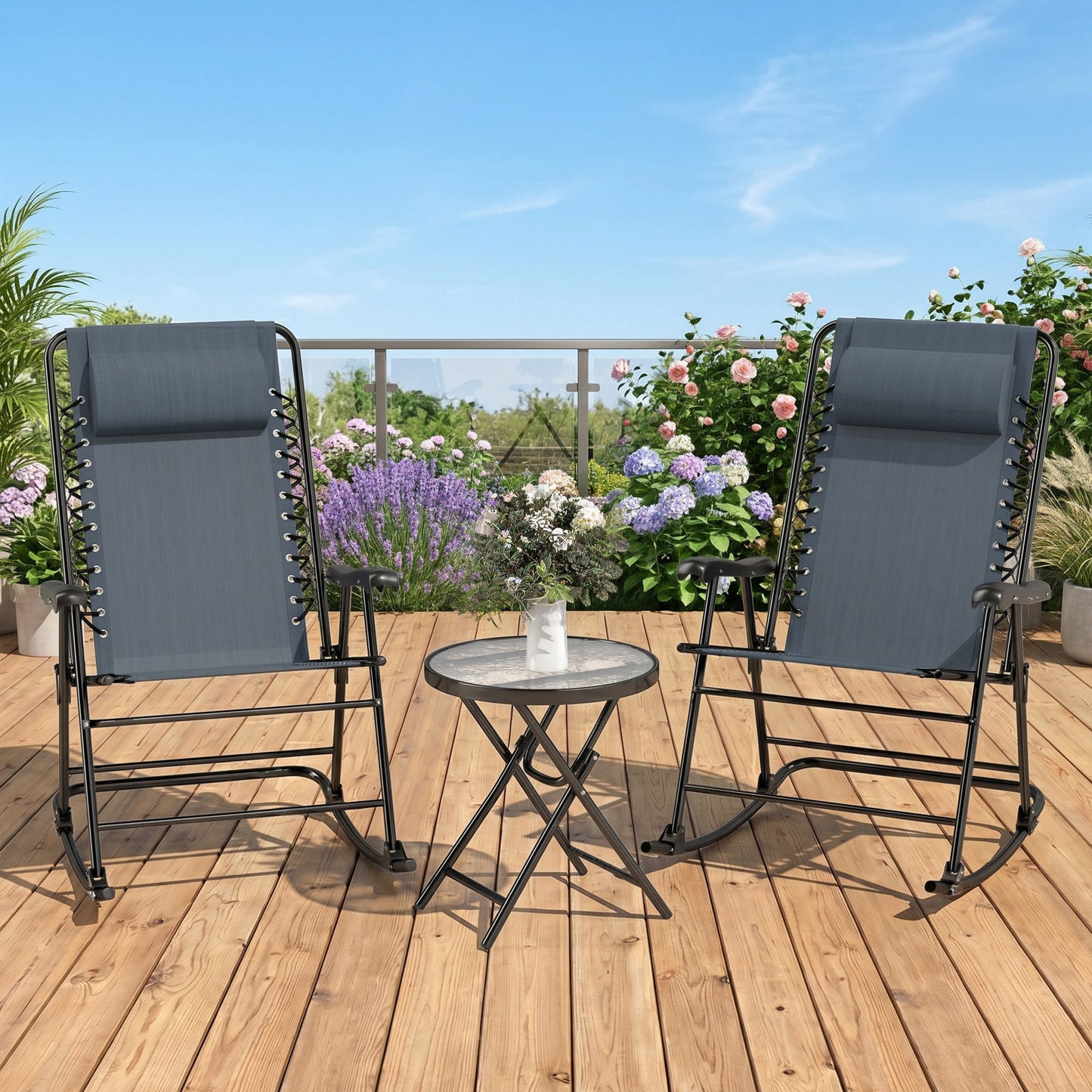 3pc Patio Rocking Chair Set, Folding Outdoor Rocking Chairs and Table Bistro Set w/ Breathable Mesh Seat & Backrest, Hea