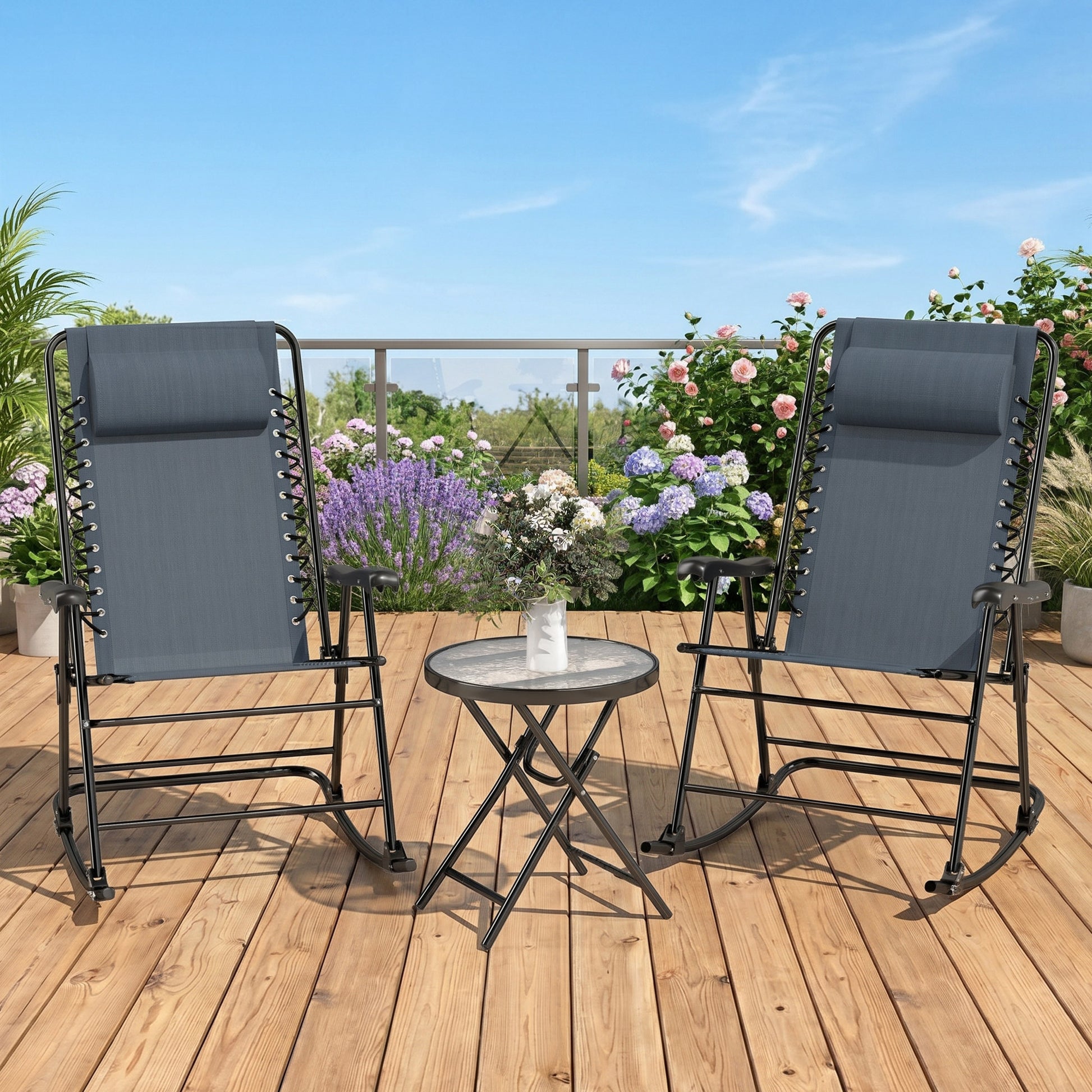 3pc Patio Rocking Chair Set, Folding Outdoor Rocking Chairs and Table Bistro Set w/ Breathable Mesh Seat & Backrest, Hea