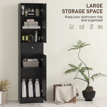 67" Tall Bathroom Cabinet, Slim Bathroom Storage Cabinet with 2 Doors, Drawer and Adjustable Shelf, Black Wood Grain