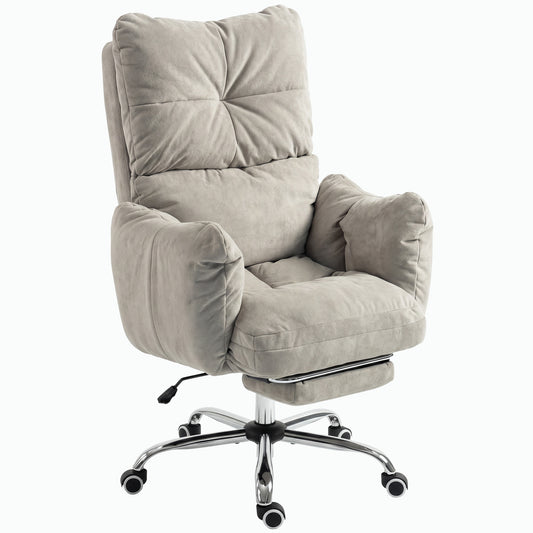 Office Chair with Foot Rest, Ergonomic Reclining Computer Gaming Chair w/ Snow Flannel Fabric, Thick Cushion, Light Grey