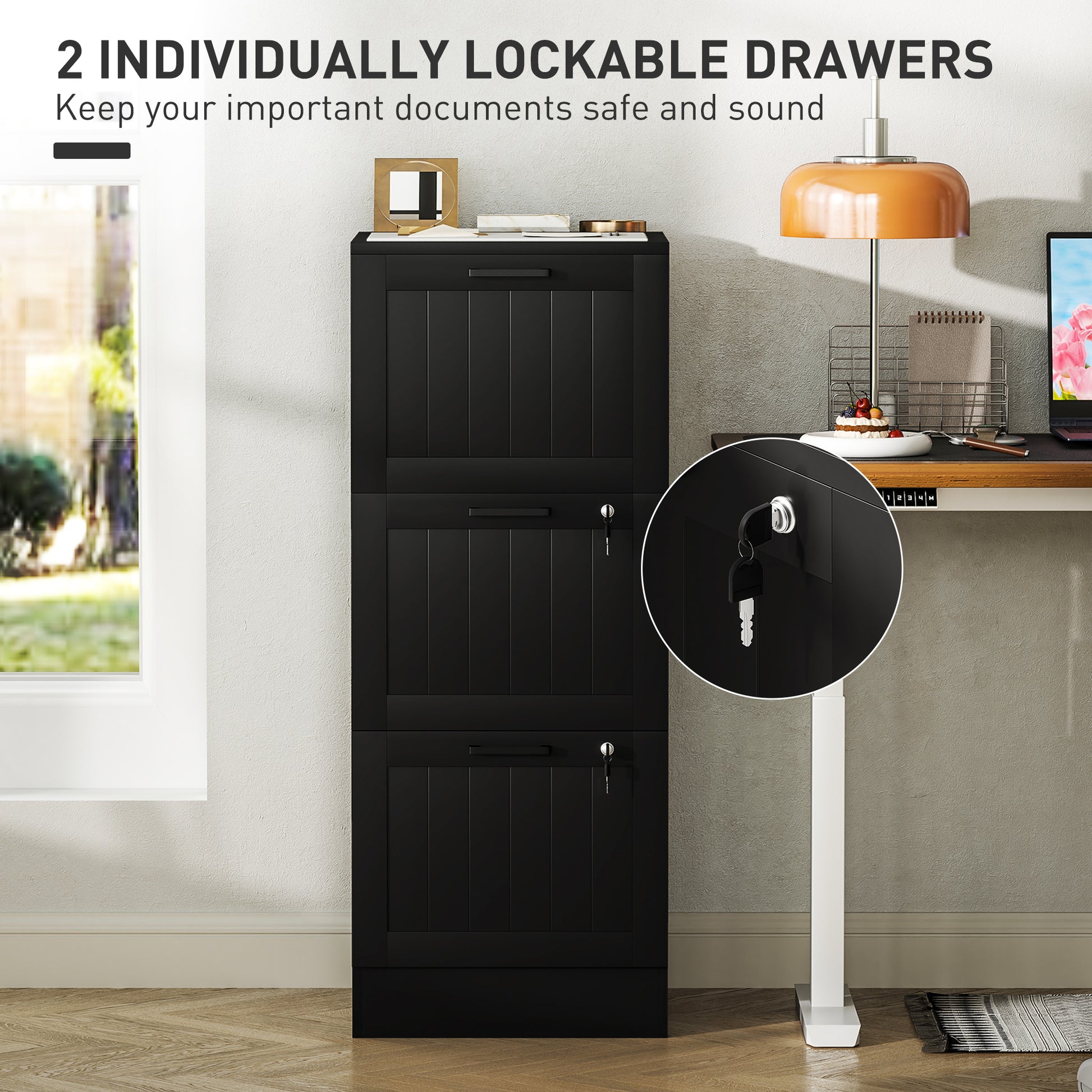 3 Drawer Filing Cabinet with Lock, Office Storage Cabinet with Adjustable Hanging Bars for A4 Letter Size Files, Black
