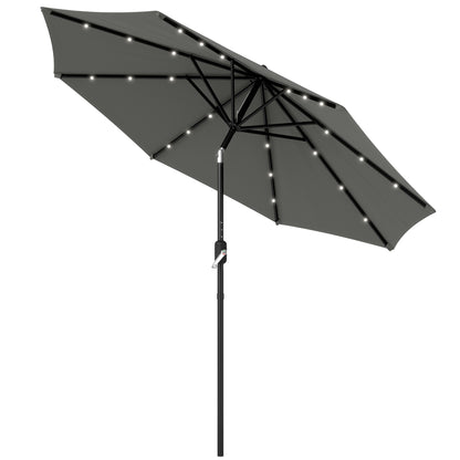 8.8 ft Solar Powered Outdoor Patio Umbrella Round Market Table Umbrella with Adjustable LED Lights Tilt Crank Dark Grey