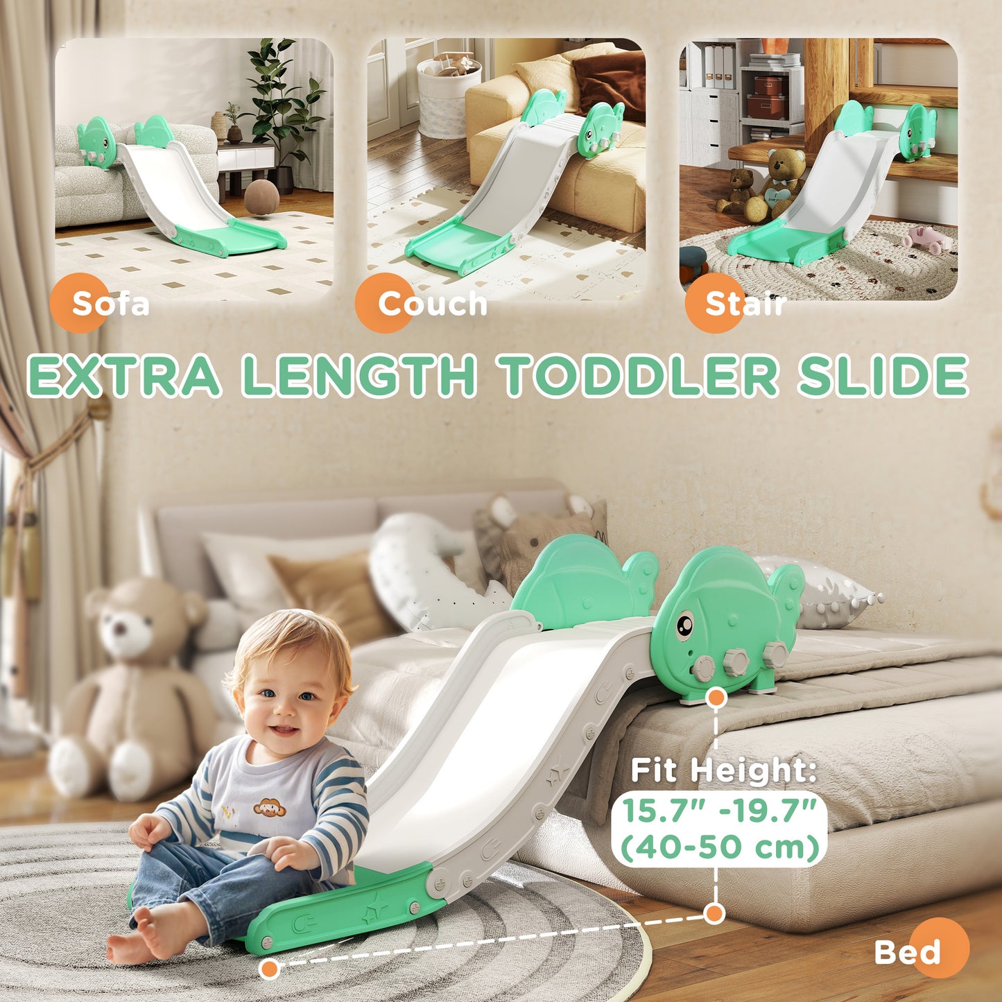 Qaba Toddler Couch Slide for Bed, Sofa, Stairs, Easy Assemble & Storage, for 18-48 Months, Green