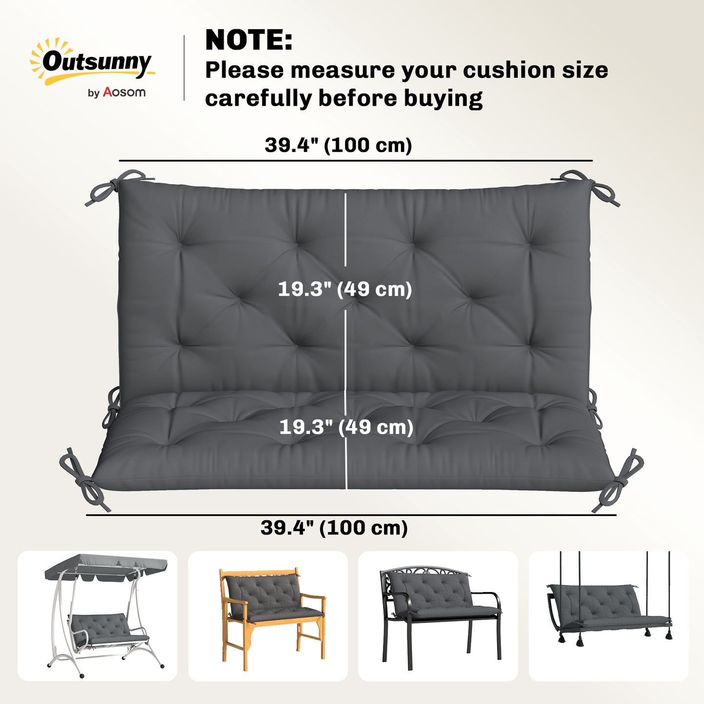 Porch Swing Cushion Garden Bench Cushion with Backrest, Non-Slip 2-seater Soft Pad, Swing Chair Mat Replacement for Indo