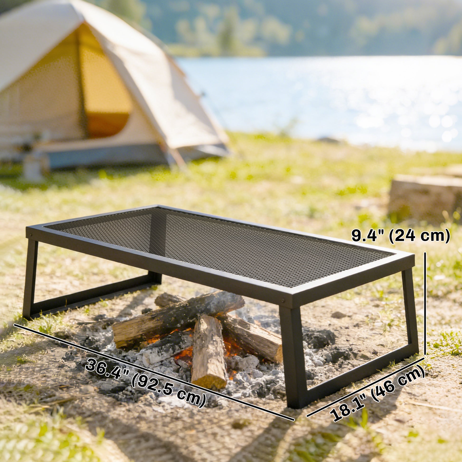 Folding Campfire Grill, 36" x 18" Heavy Duty Carbon Steel Grill Grate with Folding Legs, Black