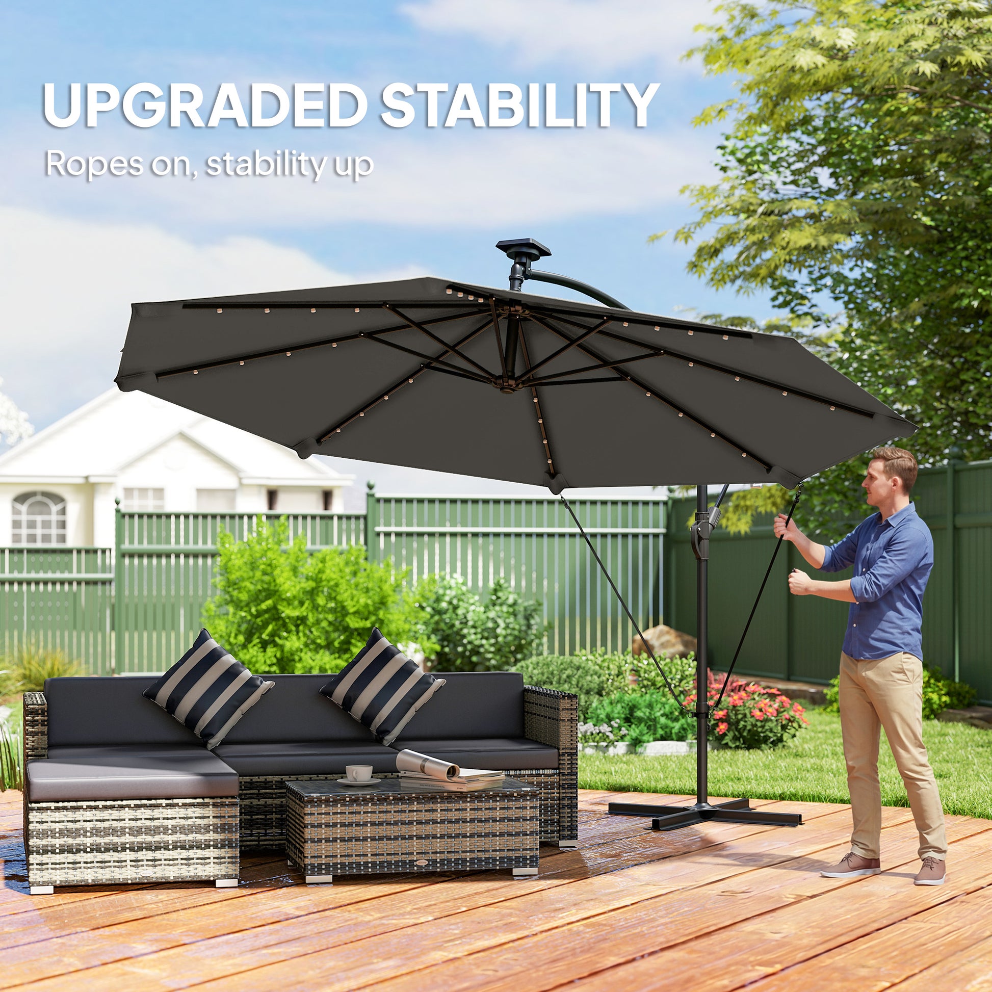 11.3 ft Cantilever Patio Umbrella with Light, Cover, Aluminium UPF50+ Offset Outdoor Umbrella Parasol, Dark Grey