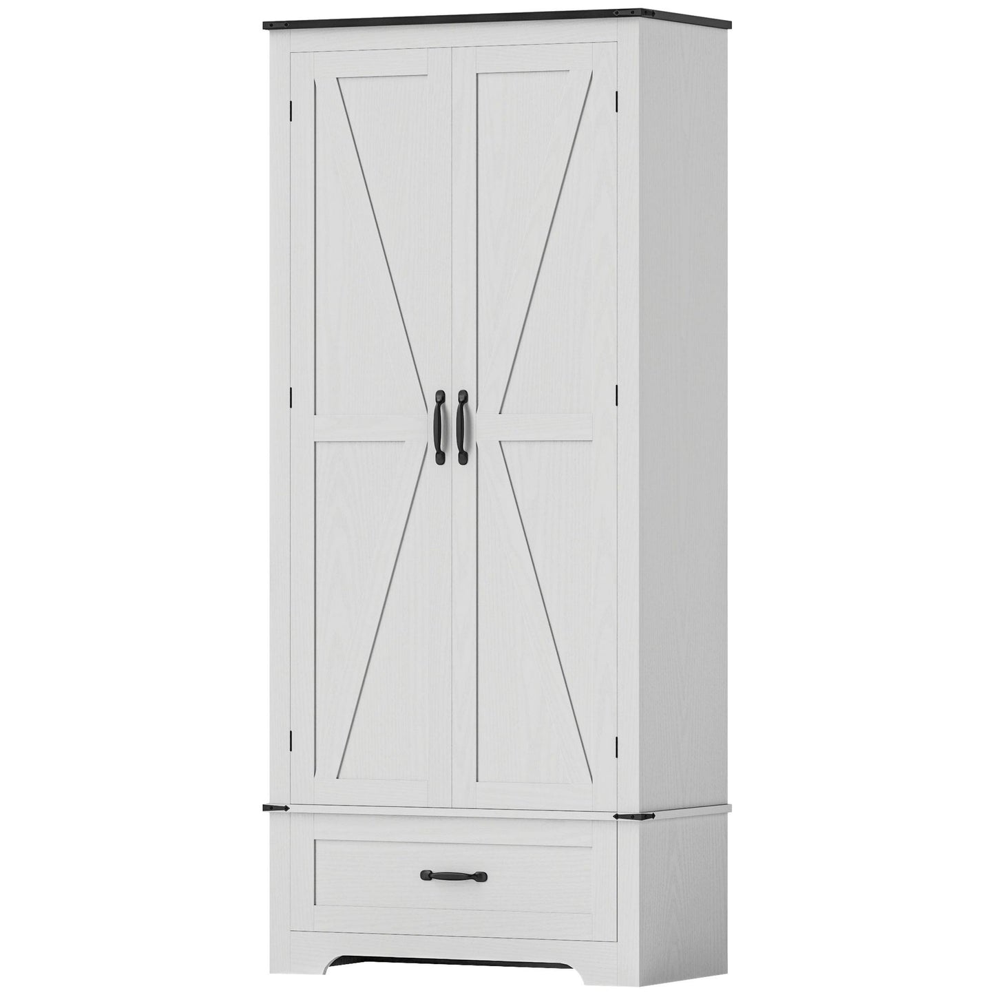 72" Farmhouse Pantry Cabinet with Adjustable Shelves, Kitchen Pantry Cabinet with 2 Doors, White Wood Grain