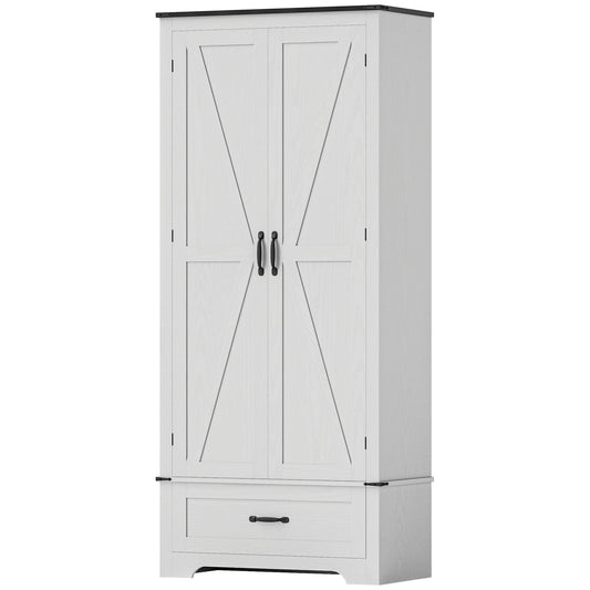 72" Farmhouse Pantry Cabinet with Adjustable Shelves, Kitchen Pantry Cabinet with 2 Doors, White Wood Grain