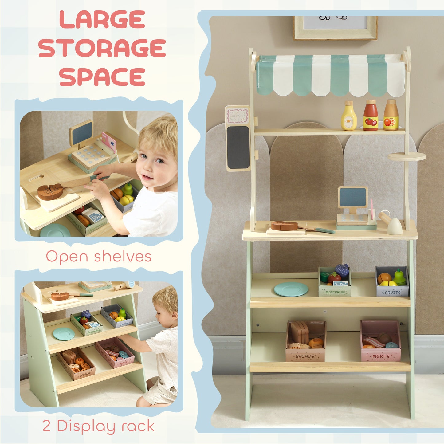 Qaba Kids Grocery Store Playset, Supermarket Toy Set with Cash Register, Chalkboard and Toy Food for Toddler Boys Girls 