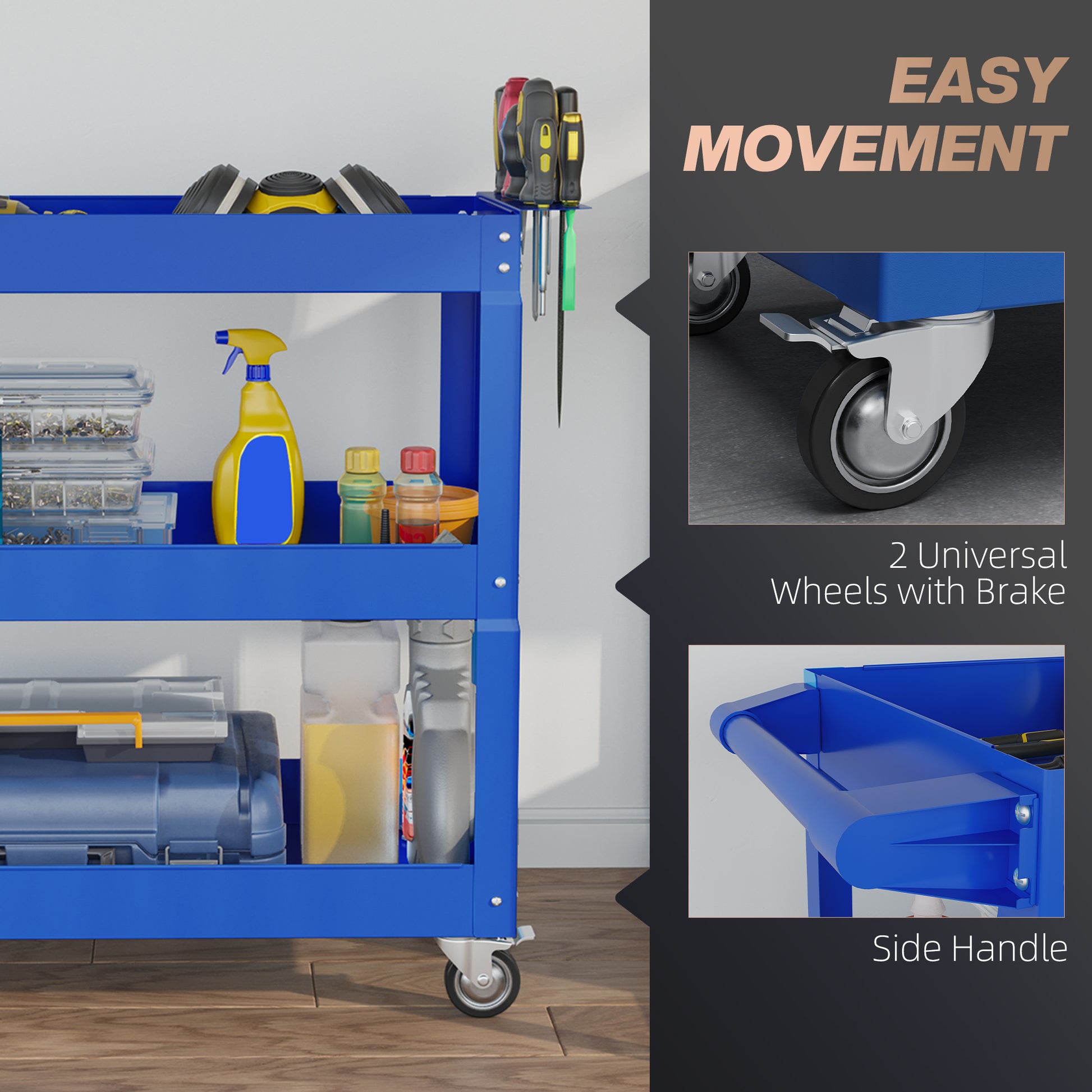 3 Tier Rolling Tool Cart with Wheels, 330 LBS Capacity Heavy Duty Utility Cart, Mobile Service Cart for Garage, Blue