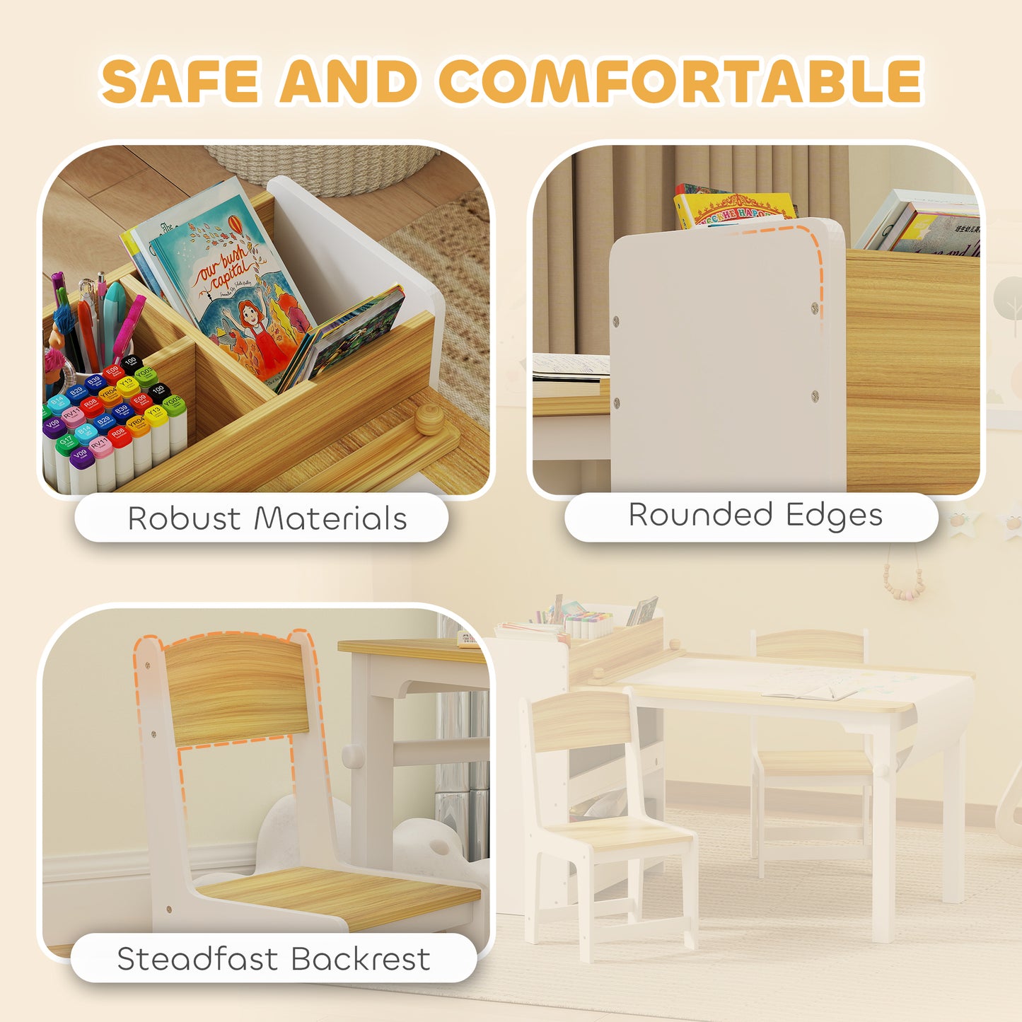 Qaba Kids Table and Chairs Set, Toddler Art Table and Chair Set with Paper Roll, Storage Shelves and Drawers, Natural Wo