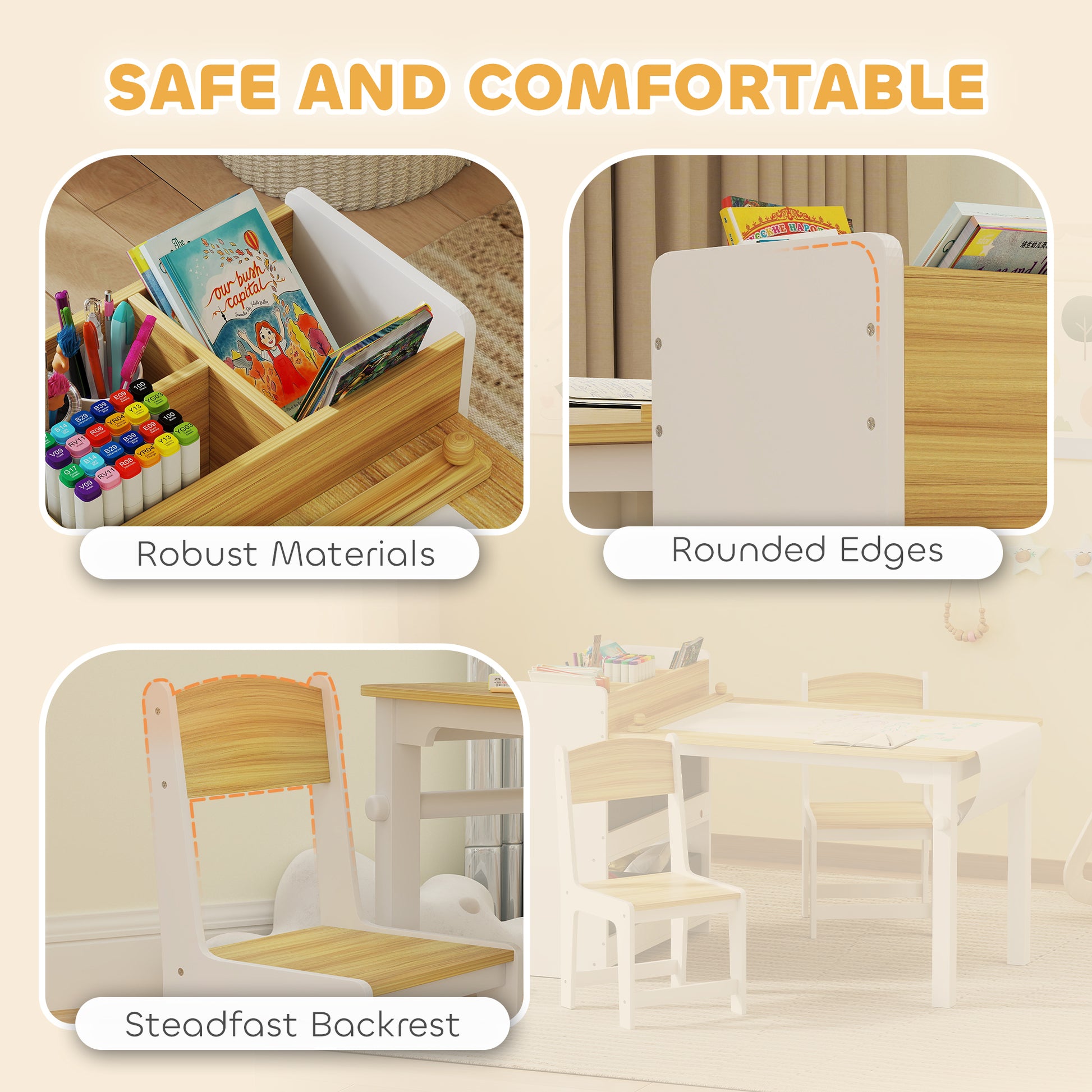Qaba Kids Table and Chairs Set, Toddler Art Table and Chair Set with Paper Roll, Storage Shelves and Drawers, Natural Wo