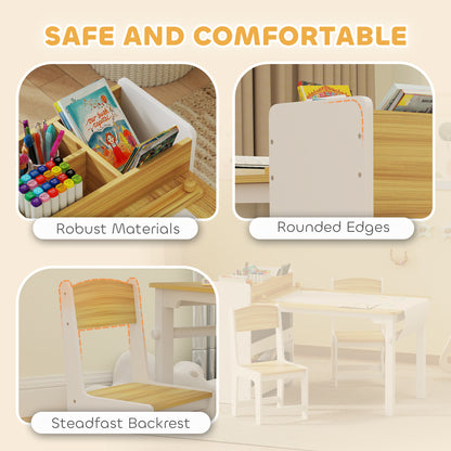Qaba Kids Table and Chairs Set, Toddler Art Table and Chair Set with Paper Roll, Storage Shelves and Drawers, Natural Wo