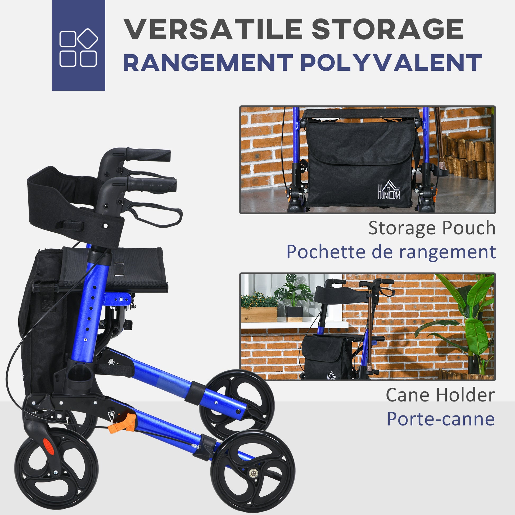 Rollator for Seniors with Seat, Back, Cane Holder, Aluminium Folding Rolling Walker with Adjustable Handle, Bag, Blue
