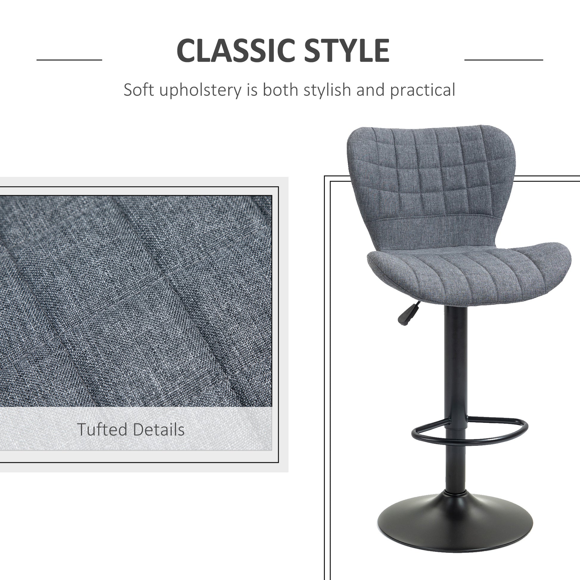 Bar Stools Set of 2, Adjustable Height Swivel Bar Chairs, Linen-feel Fabric Upholstered Kitchen Counter Stools with Wide