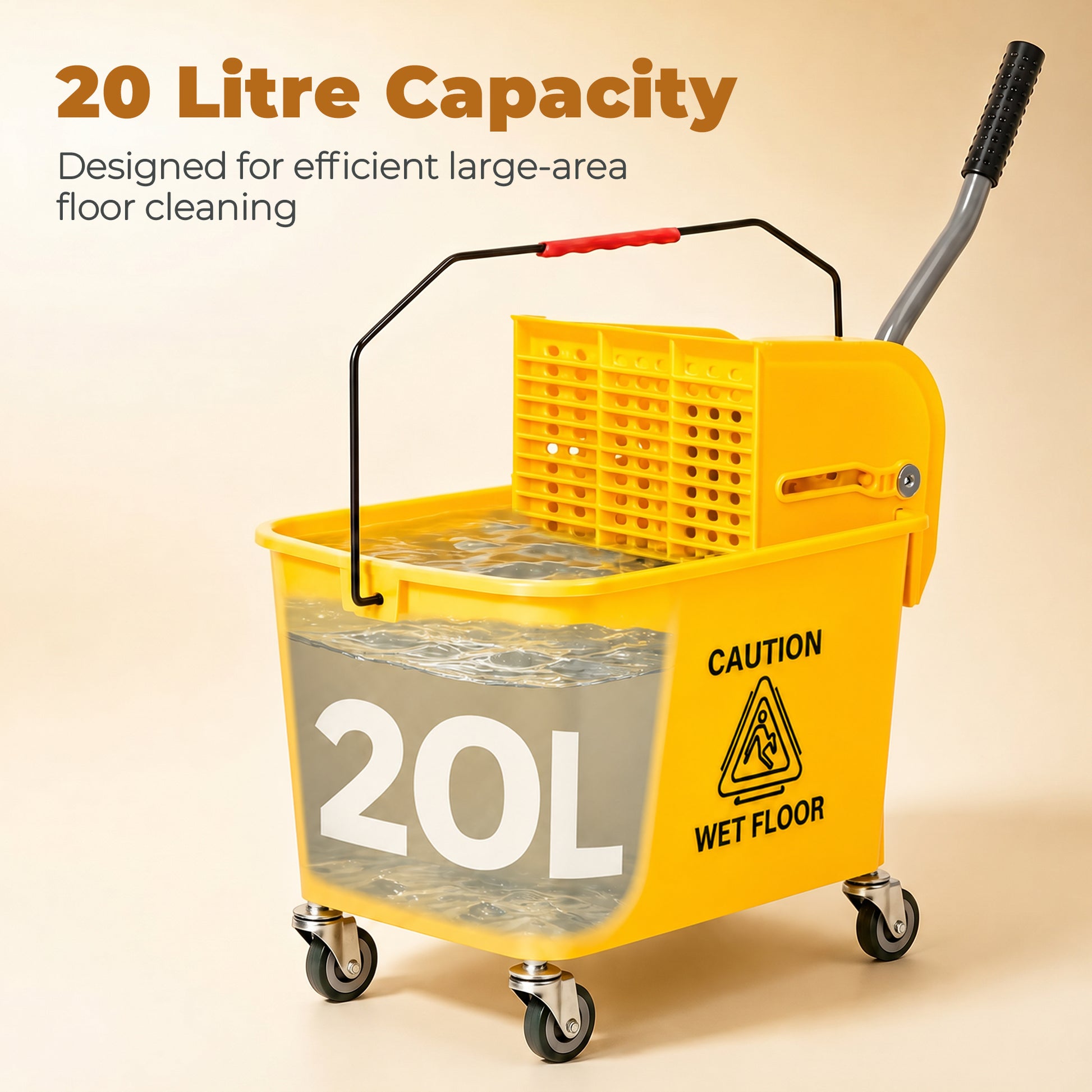 Compact Mop Bucket with Wringer, Mop Bucket on Wheels, 5 Gallon, Separate Dirty and Clean Water, Yellow