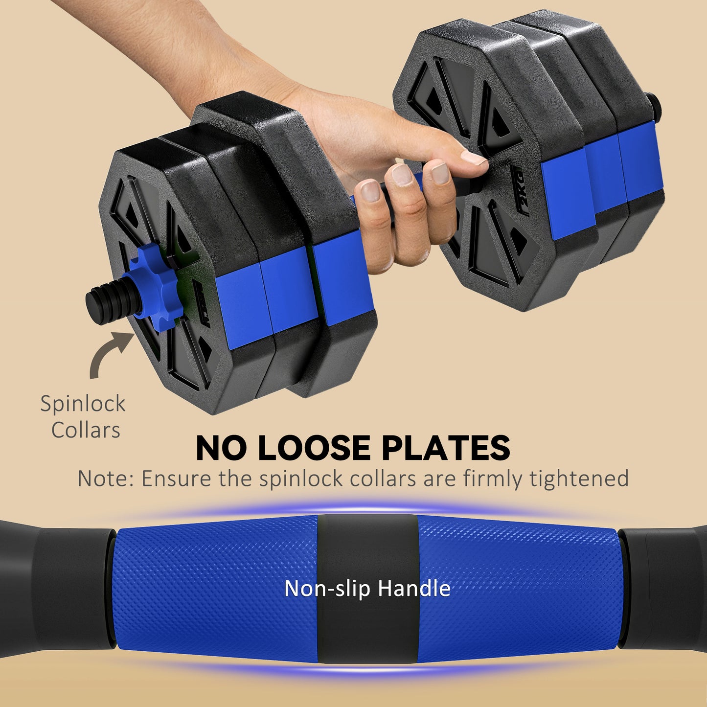 Soozier 6-in-1 Adjustable Dumbbell Set, Used as Kettlebell, Barbell, Dumbbell, Push-Up Stand, 44lbs Free Weights Set, Bl