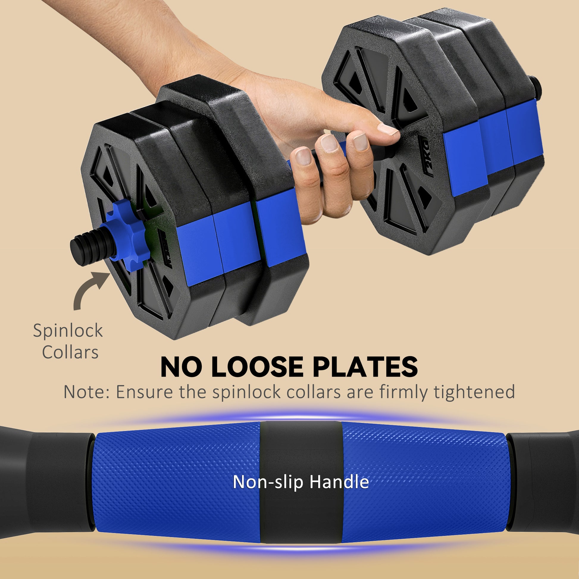Soozier 6-in-1 Adjustable Dumbbell Set, Used as Kettlebell, Barbell, Dumbbell, Push-Up Stand, 44lbs Free Weights Set, Bl