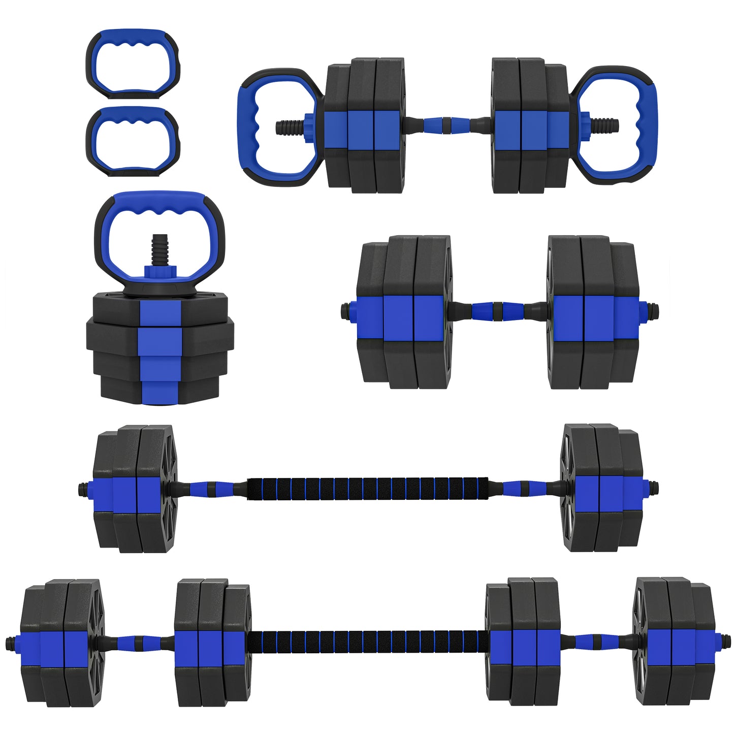 Soozier 6-in-1 Adjustable Dumbbell Set, Used as Kettlebell, Barbell, Dumbbell, Push-Up Stand, 66lbs Free Weights Set, Bl