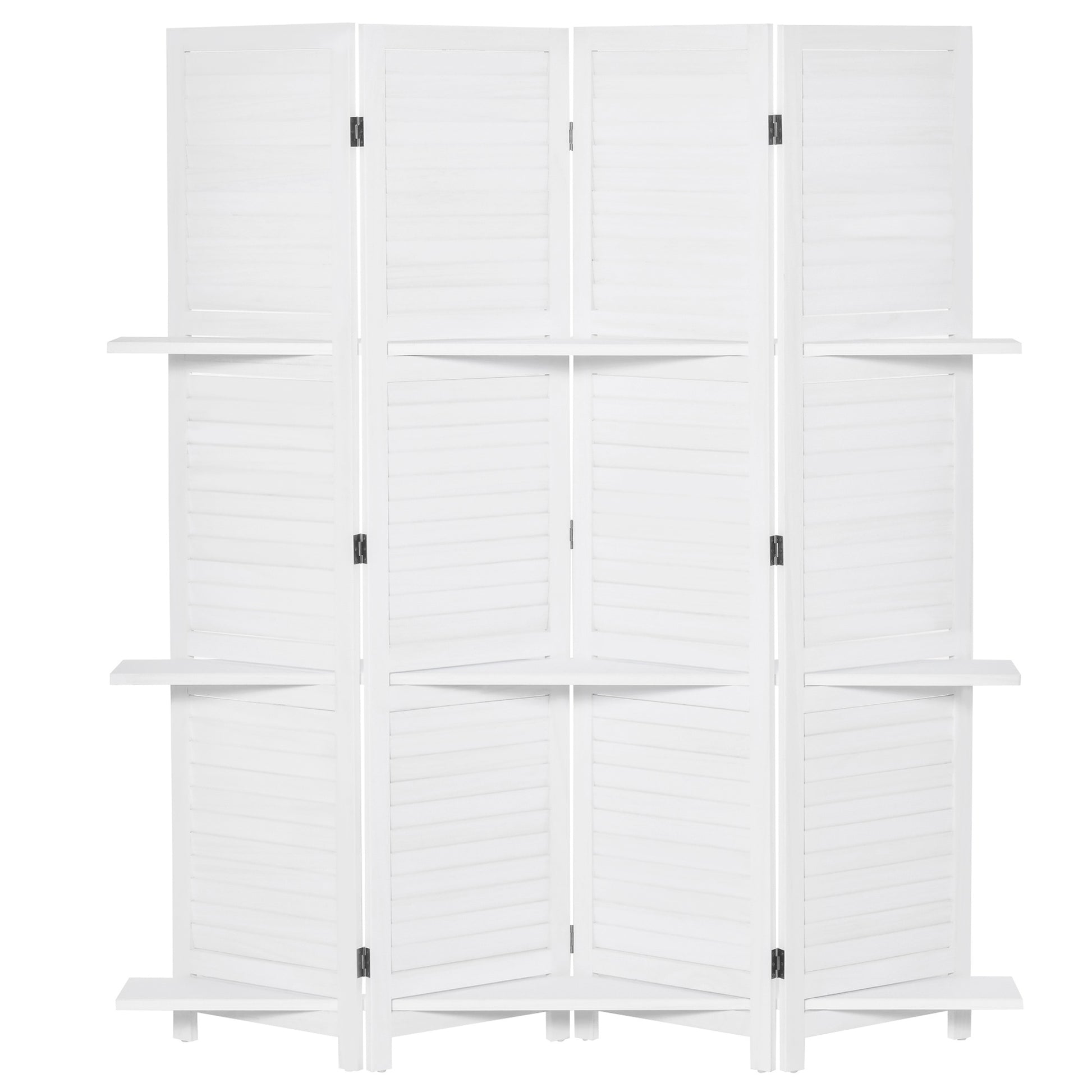 4-Panel Wall Partition Room Separator with 3 Storage Shelves Foldable Design Wooden Frame 5.6FT White