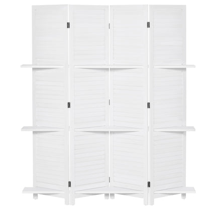 4-Panel Wall Partition Room Separator with 3 Storage Shelves Foldable Design Wooden Frame 5.6FT White