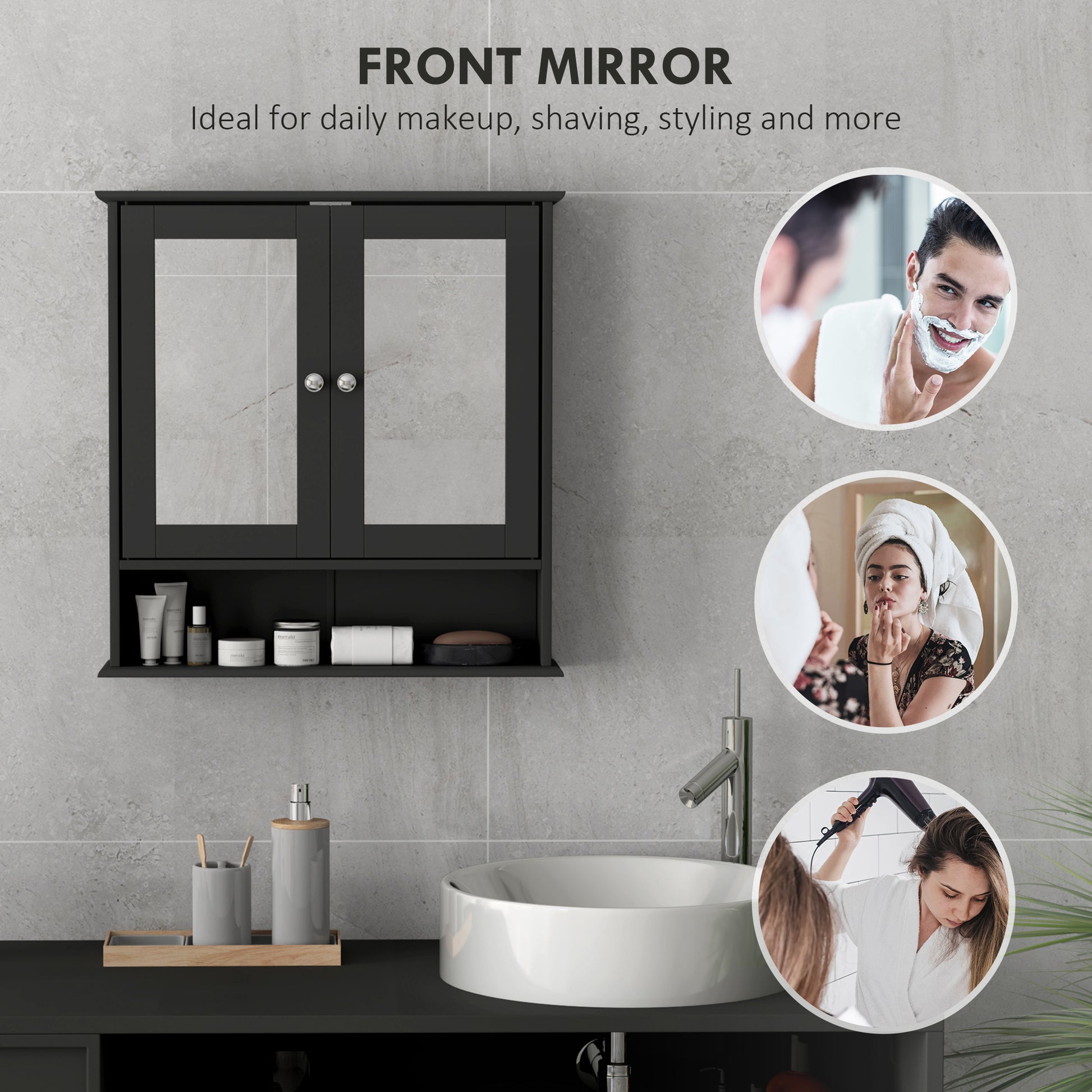 Medicine Cabinet, Wall-Mounted Bathroom Mirror Cabinet with Double Doors, Open Shelf, and Adjustable Shelf, Modern Bathr
