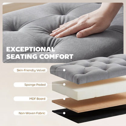 Upholstered Bedroom Bench with Gold Tone Metal Legs, Velvet Tufted and Thick Padding, Grey