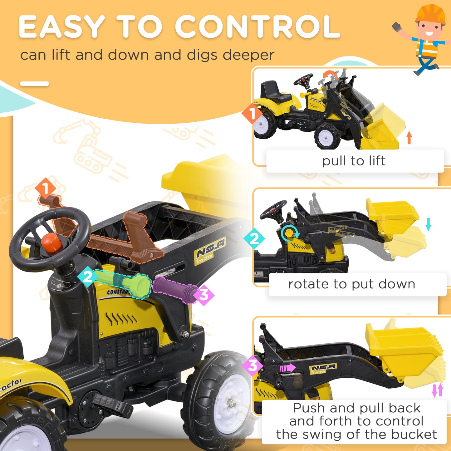 VarietyKart Ride on Tractor for Kids, Pedal Construction Car with Front Loader Digger for 3 Years Old, Yellow