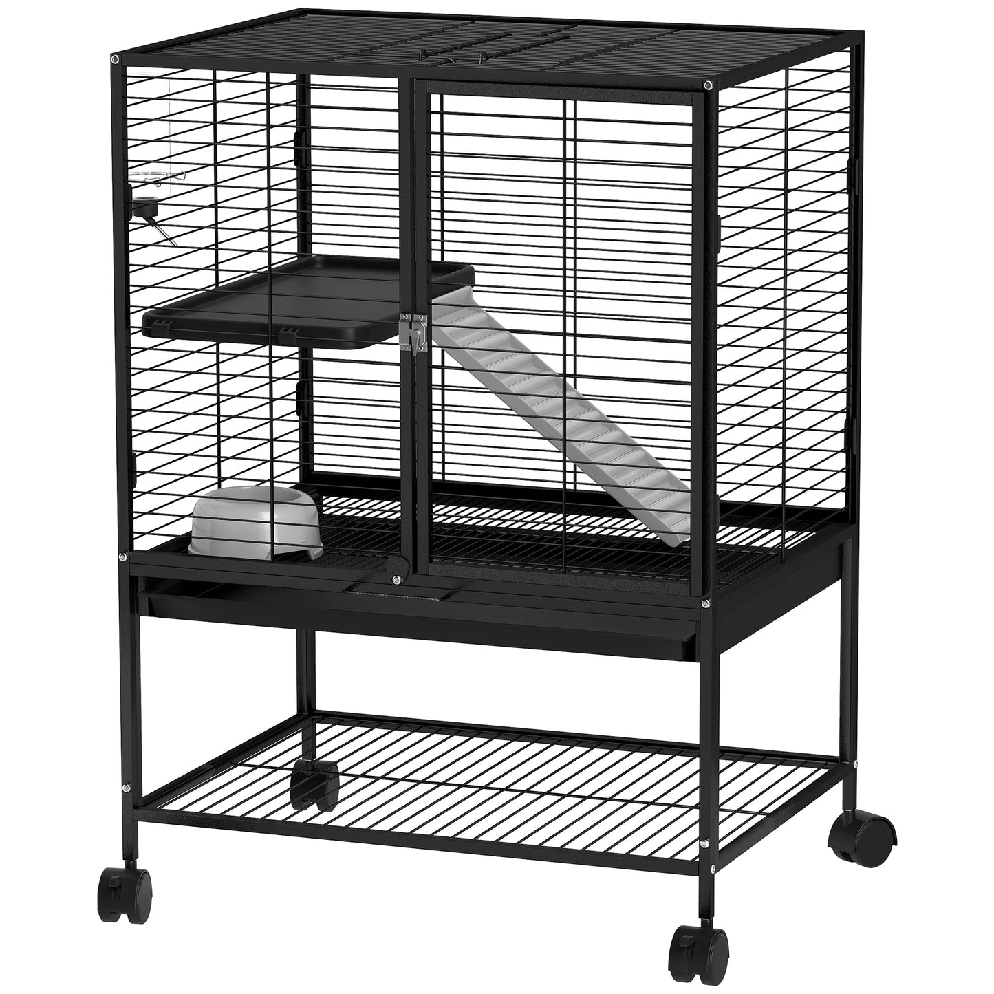 Rolling Small Animal Cage 34"H Chinchilla Cage for Ferrets, Squirrels w/ Removable Tray, Storage Shelf, Black
