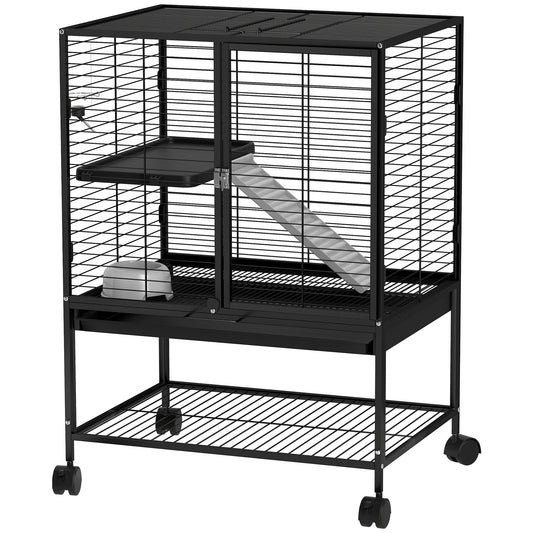 Rolling Small Animal Cage 34"H Chinchilla Cage for Ferrets, Squirrels w/ Removable Tray, Storage Shelf, Black