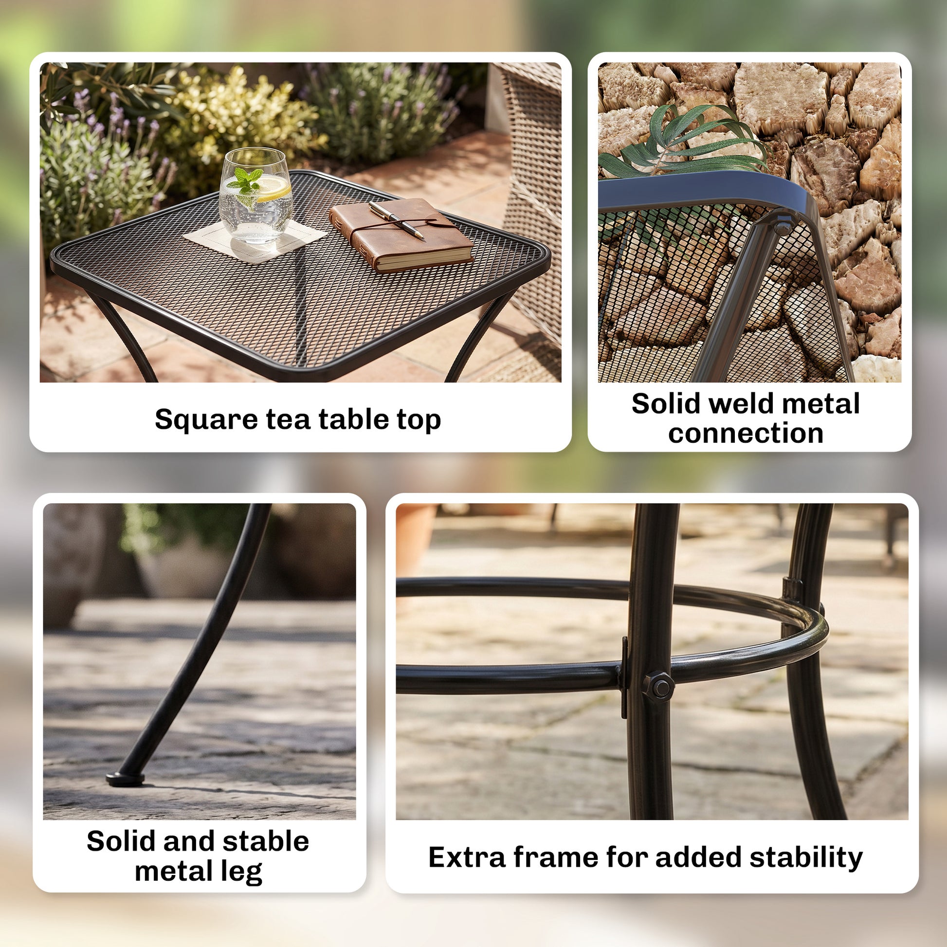 Square Outdoor Side Table, Metal Outdoor Patio Table, Garden Coffee Side Bistro Tables with Mesh Grid Top for Balcony, P