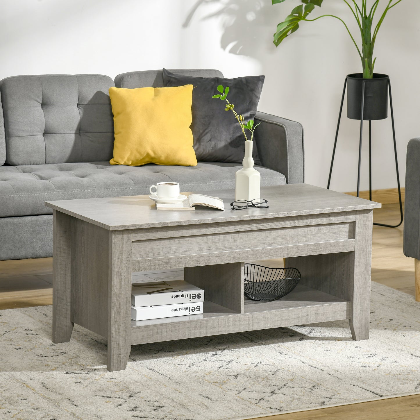 Lift Top Coffee Table with Hidden Storage Compartment and Open Shelves, Lift Tabletop Pop-Up Center Table for Living Roo