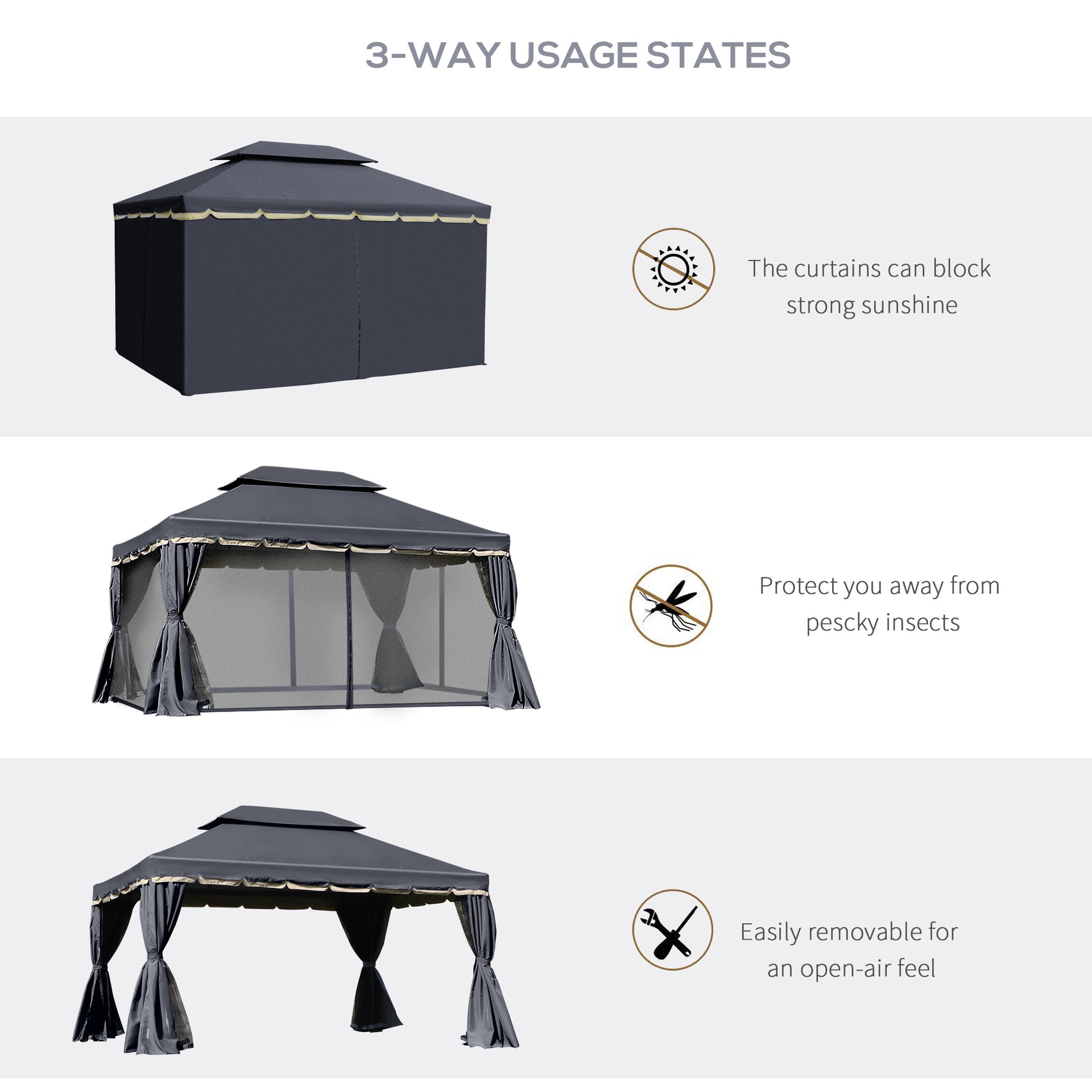 13' x 10' Patio Gazebo, Double Roof Outdoor Gazebo Canopy Shelter with Netting & Curtains, Strong Aluminum Frame, Black