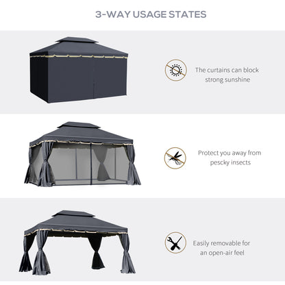 13' x 10' Patio Gazebo, Double Roof Outdoor Gazebo Canopy Shelter with Netting & Curtains, Strong Aluminum Frame, Black