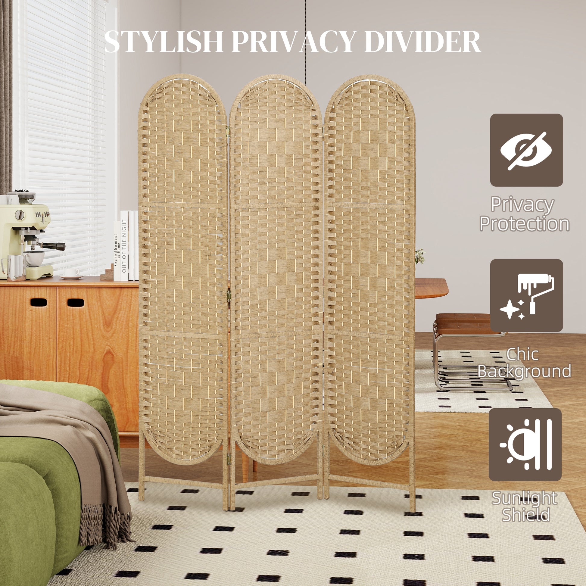 Bohemian Privacy Screen, Folding Room Divider with 3 Panels and Arched Top for Bedroom Living Room Office, Natural Wood