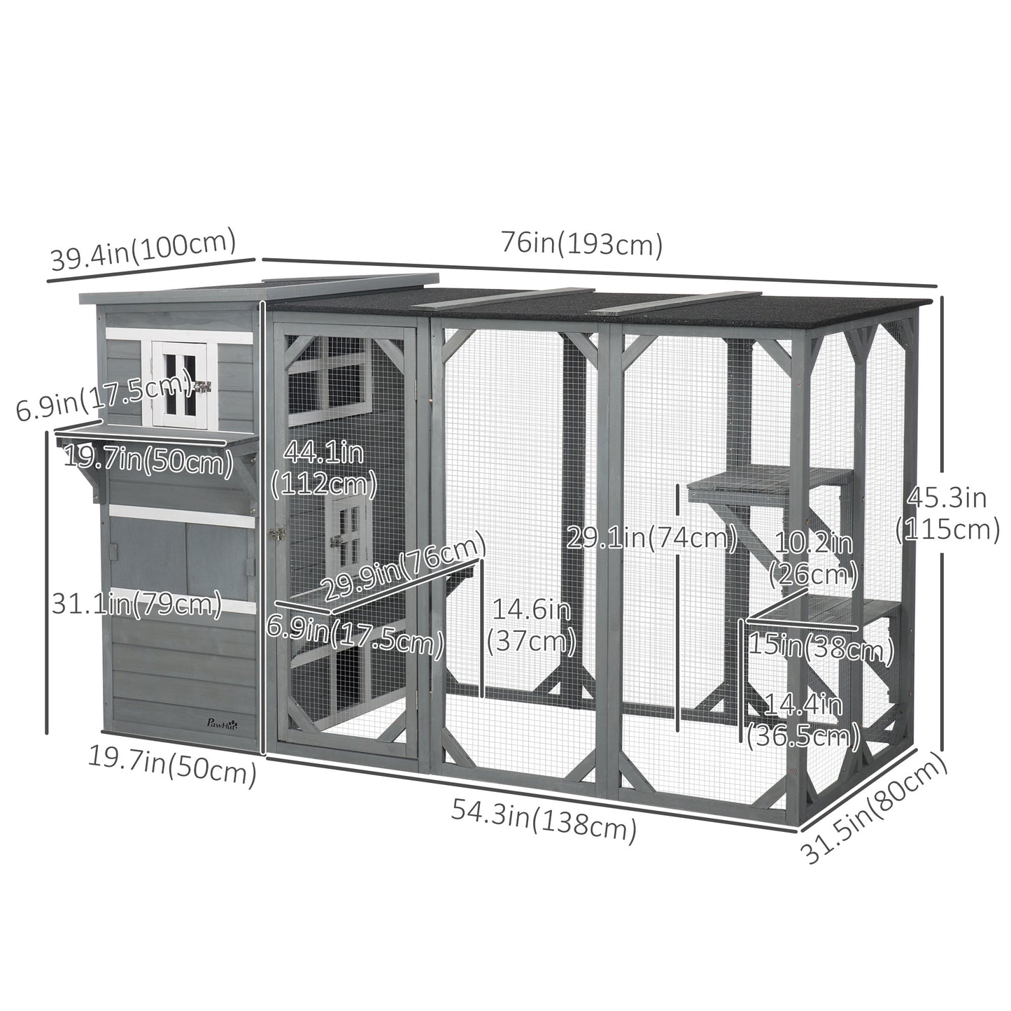 Wooden Cat Catio, 76"L Walk in Outdoor Cat House with Asphalt Roof, Platforms, Lockable Doors, 3-tier Resting Condo, Obs